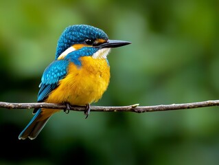 Fototapeta premium Vibrant Blue-Eared Kingfisher Perched on Branch in Serene Green Habitat - Tranquil Wildlife Moment