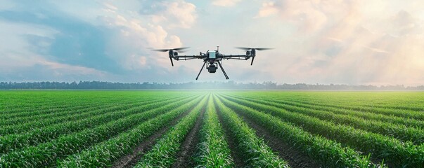Fototapeta premium Drone flying over a green agricultural field under a cloudy sky.