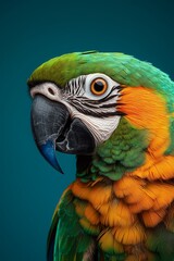 Naklejka premium Vibrant Close-Up of Majestic Blue-and-Gold Macaw with Piercing Eye on Teal Background - Exotic Wildlife Portrait