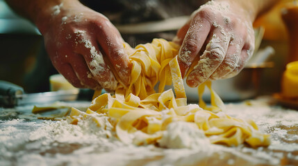 Hands at work making pasta, surrounded by a cloud of flour