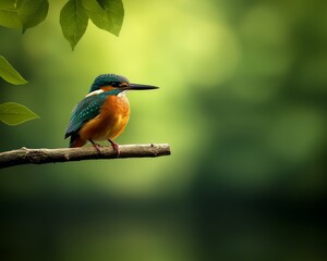 Fototapeta premium Vibrant Kingfisher Close-up on Branch in Serene Natural Setting - Exotic Blue and Orange Plumage, Tranquil Green Background - Wildlife Photography for Nature Blogs, Conservation Campaigns, Wall