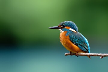 Fototapeta premium Vibrant Kingfisher Perched on Delicate Twig - Closeup Wildlife Portrait with Serene Natural Background - Exotic Bird Watching Nature Concept