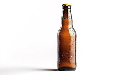 A brown beer bottle covered in droplets, standing upright against a white background, conveying a refreshing beverage appearance.
