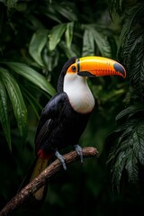 Obraz premium Vibrant Toucan Close-Up Exotic Bird with Colorful Beak in Lush Rainforest Setting Serene Wildlife Portrait for Nature Lovers