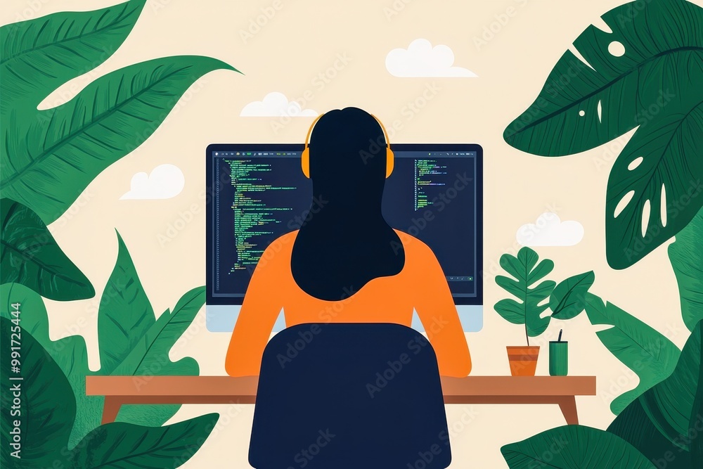 Poster a person coding on a computer surrounded by tropical plants in a bright and modern workspace.
