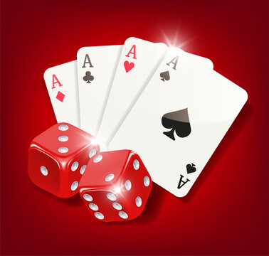 Casino illustration. Fan of cards and two red dice. Vector illustration isolated on red background.
