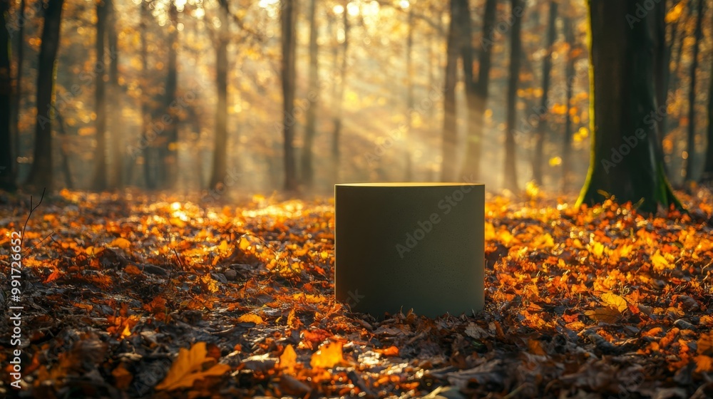 Poster a cylindrical shape stands alone on the forest floor, surrounded by vibrant autumn leaves. sunlight 