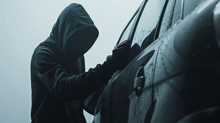 A person in a hooded jacket trying to break into a vehicle