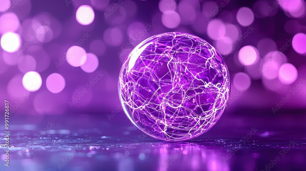 Poster a vibrant purple sphere with glowing patterns set against a dreamy bokeh background, creating a surr