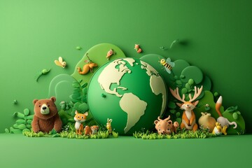 Enchanting Green World Whimsical 3D Earth Globe Surrounded by Playful Nature Elements on Vibrant Grass Background - Eco-Friendly Concept for Education, Marketing, and Children's Designs