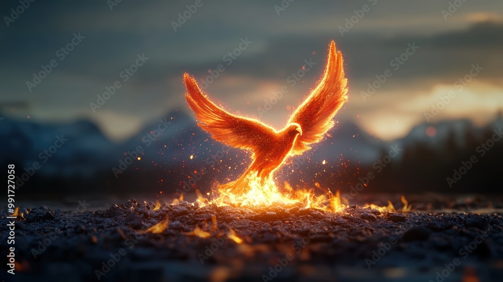 Sticker A powerful illustration of a phoenix rising from ashes, symbolizing the resilience and ability to overcome adversity in the quest for self acceptance.