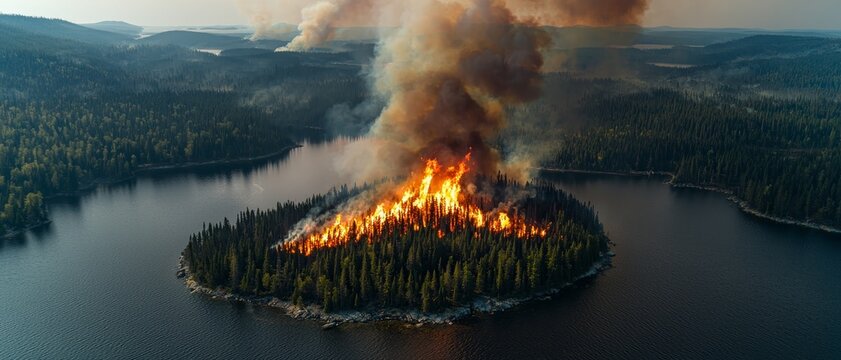 Fiery Island Aerial View of Forest Wildfire Engulfing Evergreen Island in Lake - Environmental Disaster Concept