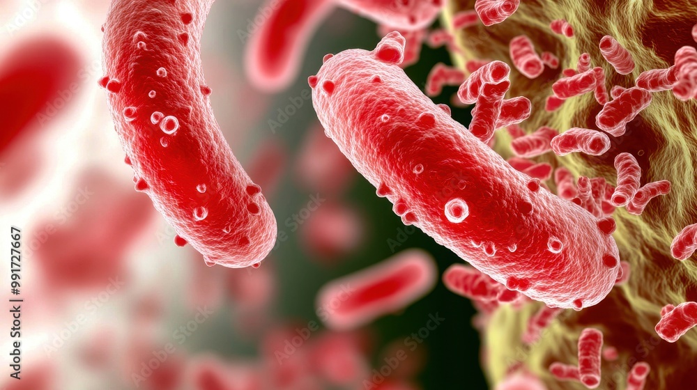 Poster close-up view of vibrant red bacteria showcasing intricate structures and details under a microscope