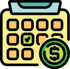 This icon represents planning a budget, with a calendar showing a checked box and a dollar coin, symbolizing financial scheduling