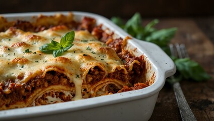 Lasagna baked with pasta, meat sauce, bechamel, and cheese, perfect for family dinners.