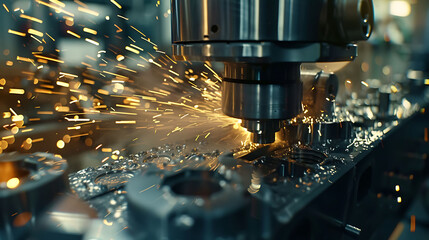 Sparks illuminate the scene as a metal-cutting machine operates