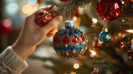 Una mano colocando un ornamento azul brillante en un árbol de Navidad decorado, con luces festivas de fondo, creando una atmósfera cálida.