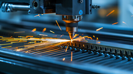 A powerful machine cutting metal, creating a shower of sparks