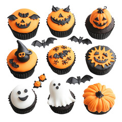 Halloween-themed cupcakes with decorative icing designs including pumpkins, ghosts, and bats. Perfect for spooky party treats.