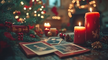 Velas rojas encendidas junto a fotos antiguas y adornos navideños, creando un ambiente nostálgico y festivo junto al árbol de Navidad.