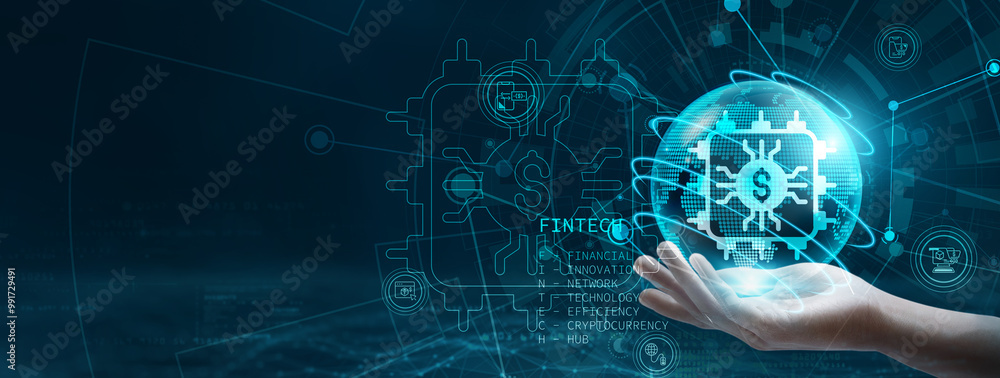 Poster fintech. hand holding smartphone connected to a globe with network connecting data. representation o