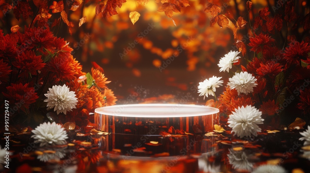 Poster A tranquil autumn setting features a circular platform gently illuminated, surrounded by colorful flowers and falling leaves. The rich hues of orange, red, and white create a peaceful atmosphere.