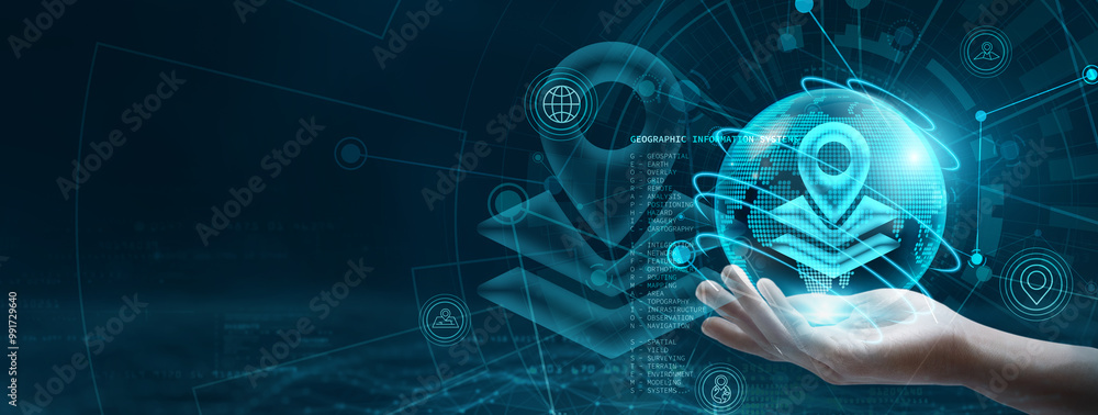 Aufkleber gis. hand holding a globe with network connecting data points, representing the integration of digit