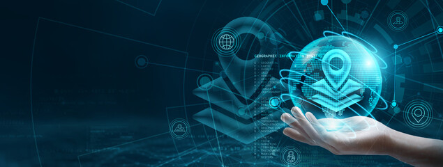GIS. Hand holding a globe with network connecting data points, representing the integration of...