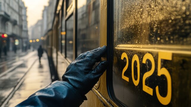 Una mano con guante se sostiene en un vag&oacute;n de tren con el n&uacute;mero "2025", en una escena urbana lluviosa.