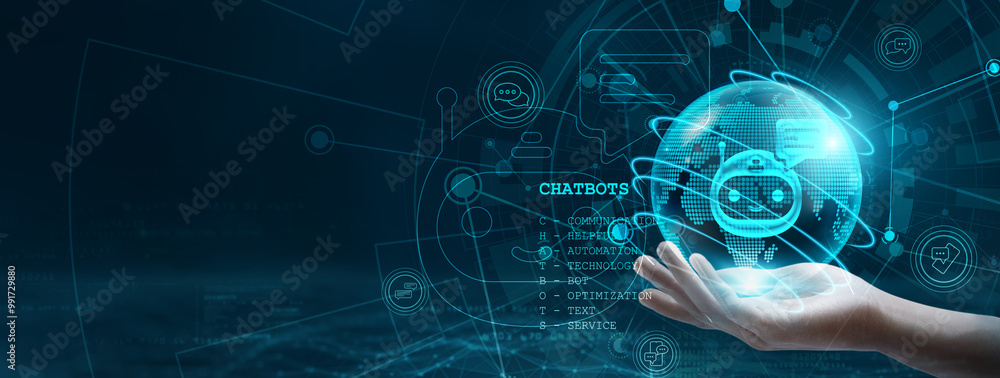 Poster hand holding chatbot globe with network connecting data. chatbots are part of digital technology, ut
