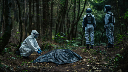 White-suited professionals analyzing evidence in a wooded area
