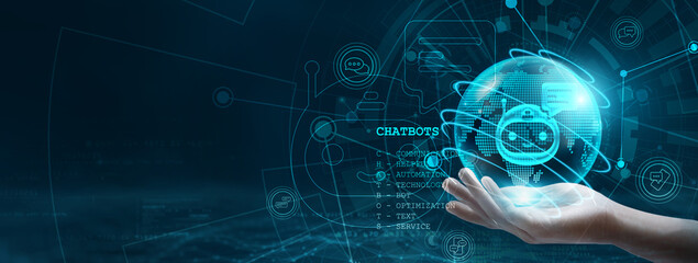 Hand holding chatbot globe with network connecting data. Chatbots are part of digital technology,...