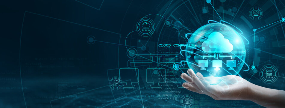 Hand holding globe with network connecting data, representing the concept of cloud computing in the realm of digital technology, enabling seamless integration and management of data across platforms. - Powered by Adobe