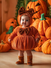 Niedliches Kind im Halloween-Kostüm: Kleiner Trick-or-Treater vor Kürbis-Hintergrund. Süßer Grusel, kindlicher Charme. Perfekt für Herbst-Fotodesign