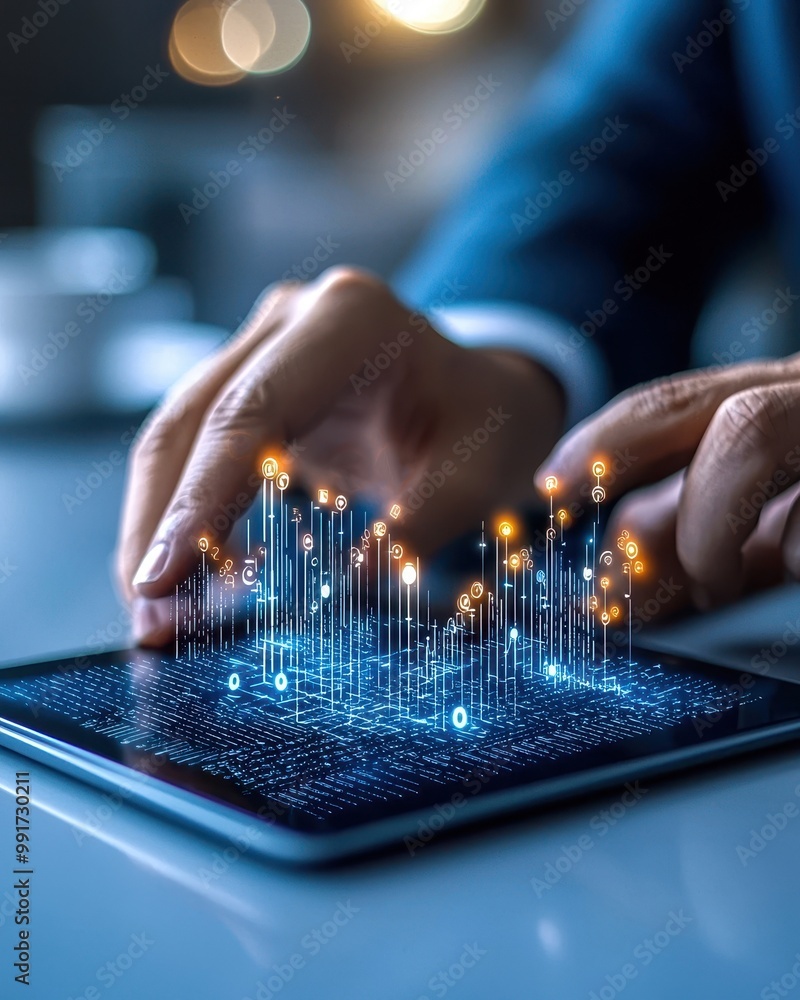 Poster a business professional touches a digital tablet displaying holographic data analytics. innovation a
