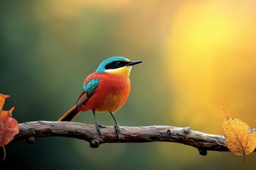 Obraz premium Vibrant Avian Charm Closeup of Colorful Bird Perched on Branch in Autumn Forest Light Serene Wildlife Photography for Nature Enthusiasts