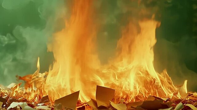 Flames engulfing a pile of paper, emitting smoke and sparks, set against a vibrant green screen, perfect for visual effects and compositing