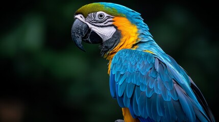 Vibrant Blue and Gold Macaw Closeup in Natural Foliage - Exotic Parrot with Glossy Feathers, Tranquil Wildlife Portrait for Nature Enthusiasts and Educational Materials