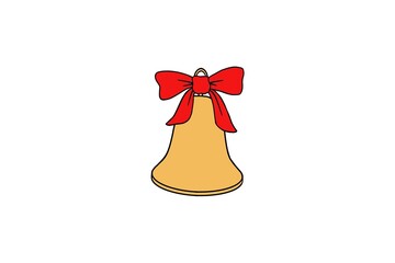 Illustration line art style decoration  isolated sign golden bell with a red bow  hand drawn on white background