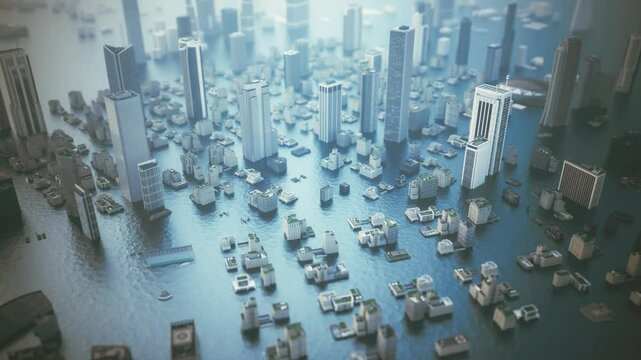 Aerial view floods and flooded houses. Big city is flooded after floods and rains. Flooding in a big city. Flooded skyscrapers in the city