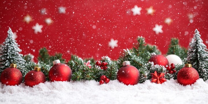 Decoraciones navide&ntilde;as como esferas rojas, pinos nevados y guirnaldas verdes sobre un fondo rojo con estrellas brillantes. Ambiente festivo y alegre.