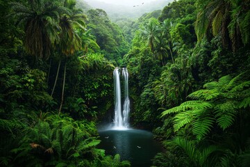 Serenity Falls Ethereal Waterfall in Lush Tropical Jungle - Tranquil Nature Landscape with Misty Forest Canopy - Secluded Oasis of Greenery and Water - Mystical Rainforest Serenade in Emerald