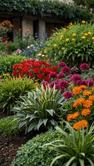 Lively plants in rich greens and colorful flowers.