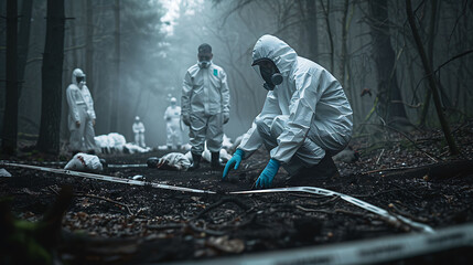 A team in protective gear probing a crime scene hidden in the forest