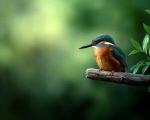Fototapeta premium Vibrant Kingfisher Close-up on Textured Branch in Natural Greenery - Serene Wildlife Beauty