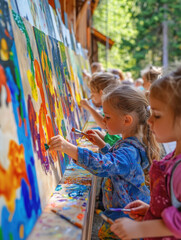 Children eagerly painting on a long outdoor canvas, surrounded by vibrant colors, capturing the joyous and imaginative spirit of artistic exploration.