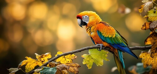 Vibrant Macaw Perched on Branch Close-Up Tropical Bird with Colorful Plumage in Dreamy Forest Setting - Serene Wildlife Photography