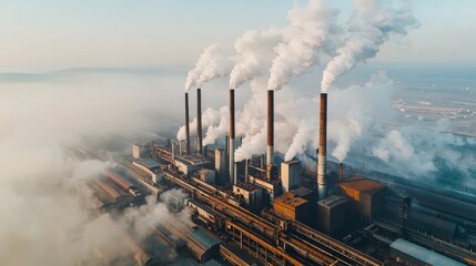 Symmetrical Industrial Monolith Aerial View of Four Smokestacks Emitting Plumes in Foggy Landscape