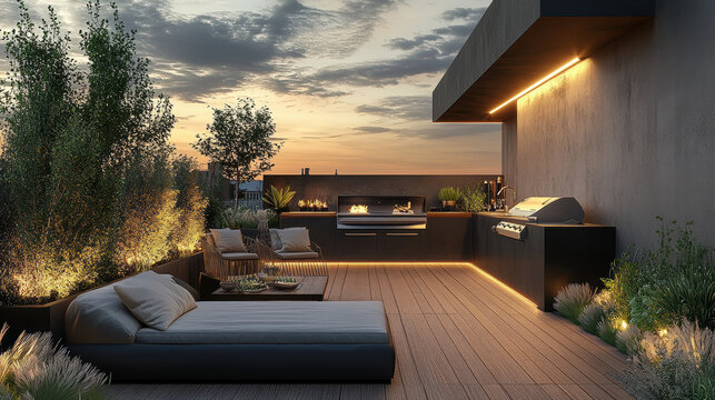 A rooftop terrace at sunset, with sleek, modern furnishings, an outdoor kitchen, and lush plants under a glowing sky.