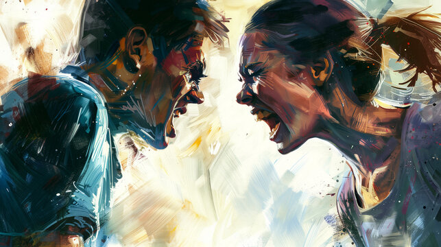 Vivid digital painting of two people shouting face to face. Expressive brushstrokes and vibrant colors convey intense emotion in the couple of a guy and a girl, with energy of heated confrontation